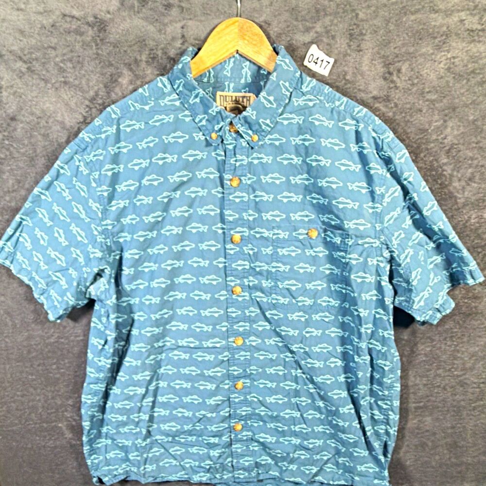Duluth Trading Co Men’s Blue Fish Short Sleeve Button-Down Button-Up Shirt XL